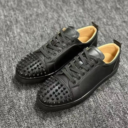 mens casual punk rock rivet shoes black white flat studded shoe breathable genuine leather sneakers young stylish footwear male - Eloy Royal