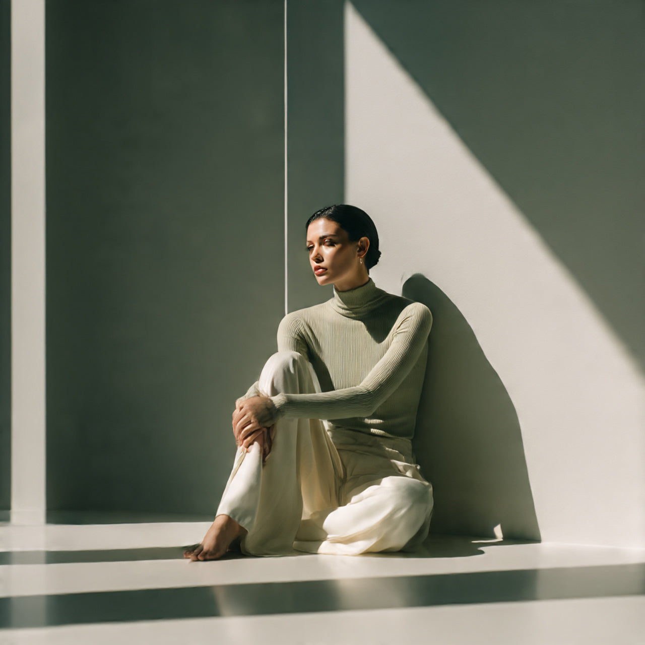 Woman sitting on a ledge with a minimalistic background

