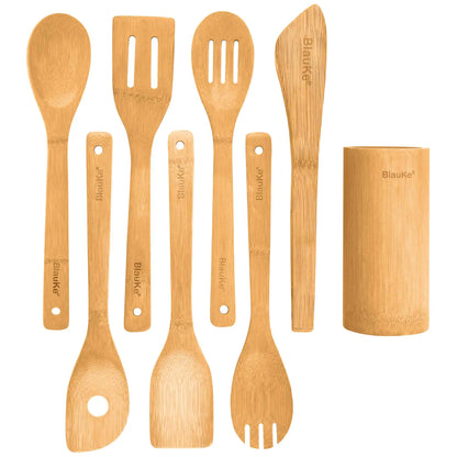 Bamboo Kitchen Utensils Set 8-Pack - Wooden Cooking Utensils for Nonstick Cookware - Wooden Cooking Spoons, Spatulas, Turner, Tongs, Utensil Holder - Eloy Royal