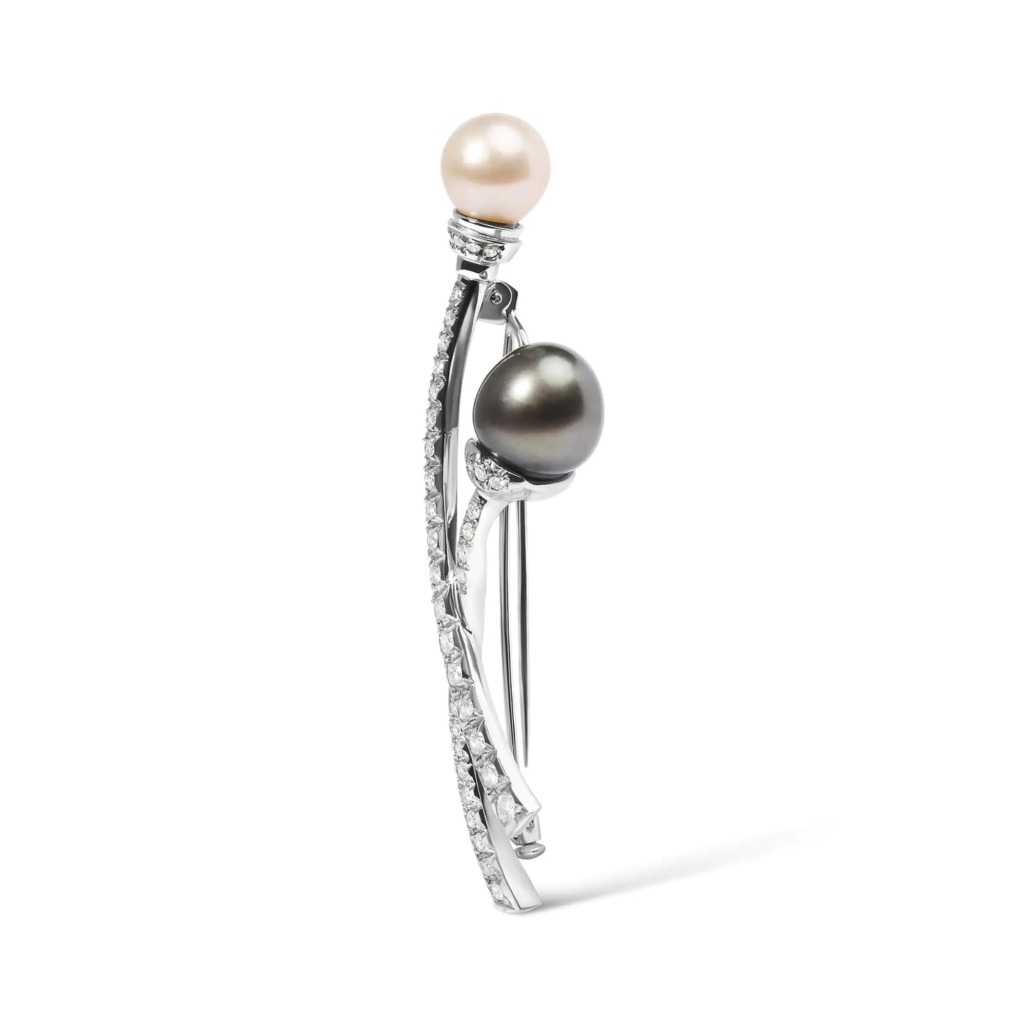 18K White Gold 3/5 Cttw Diamond and Cultured South Sea Black and White Pearl Brooch Pin (H-I Color, VS1-VS2 Clarity)