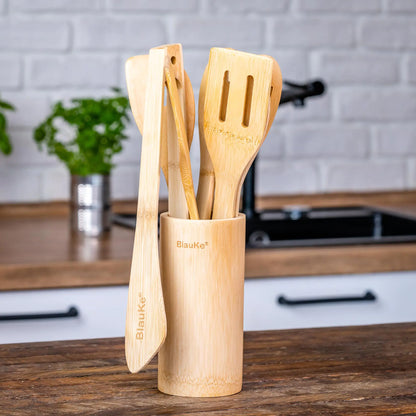 Bamboo Kitchen Utensils Set 8-Pack - Wooden Cooking Utensils for Nonstick Cookware - Wooden Cooking Spoons, Spatulas, Turner, Tongs, Utensil Holder - Eloy Royal