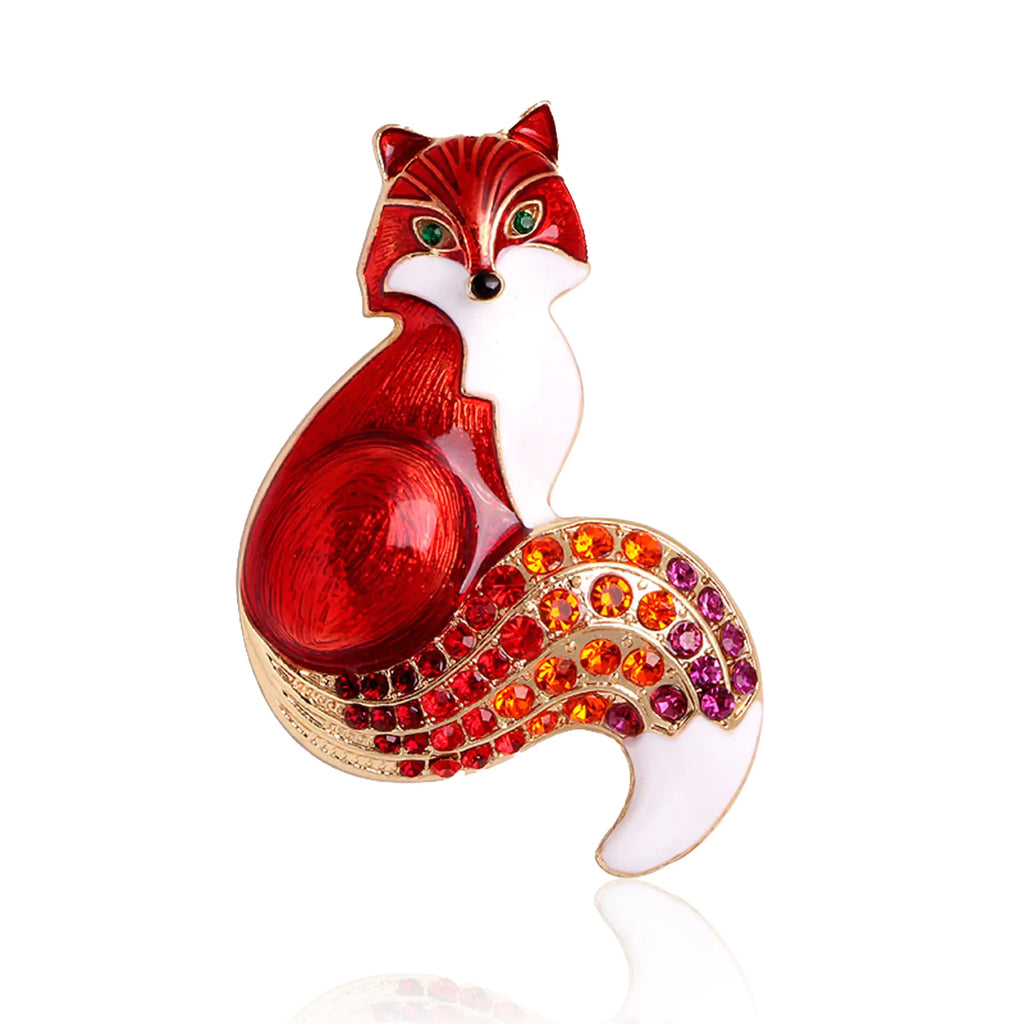 Fox Brooch Pins for Women Elegant Enamel Rhinestone Crystal Color Animal Brooches Pin Fashion (Red)