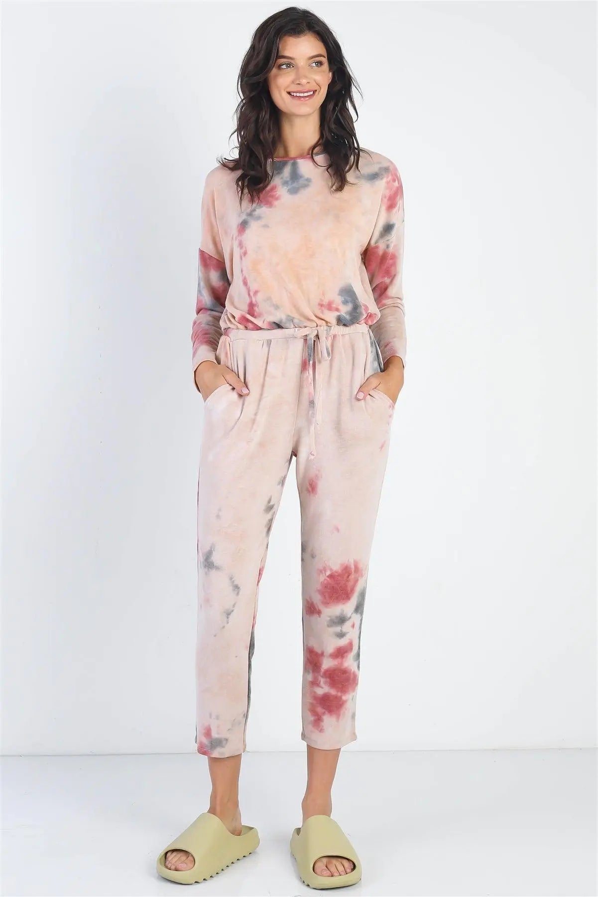 Tie-Dye Button Loop Round Neck Long Sleeve Jumpsuit