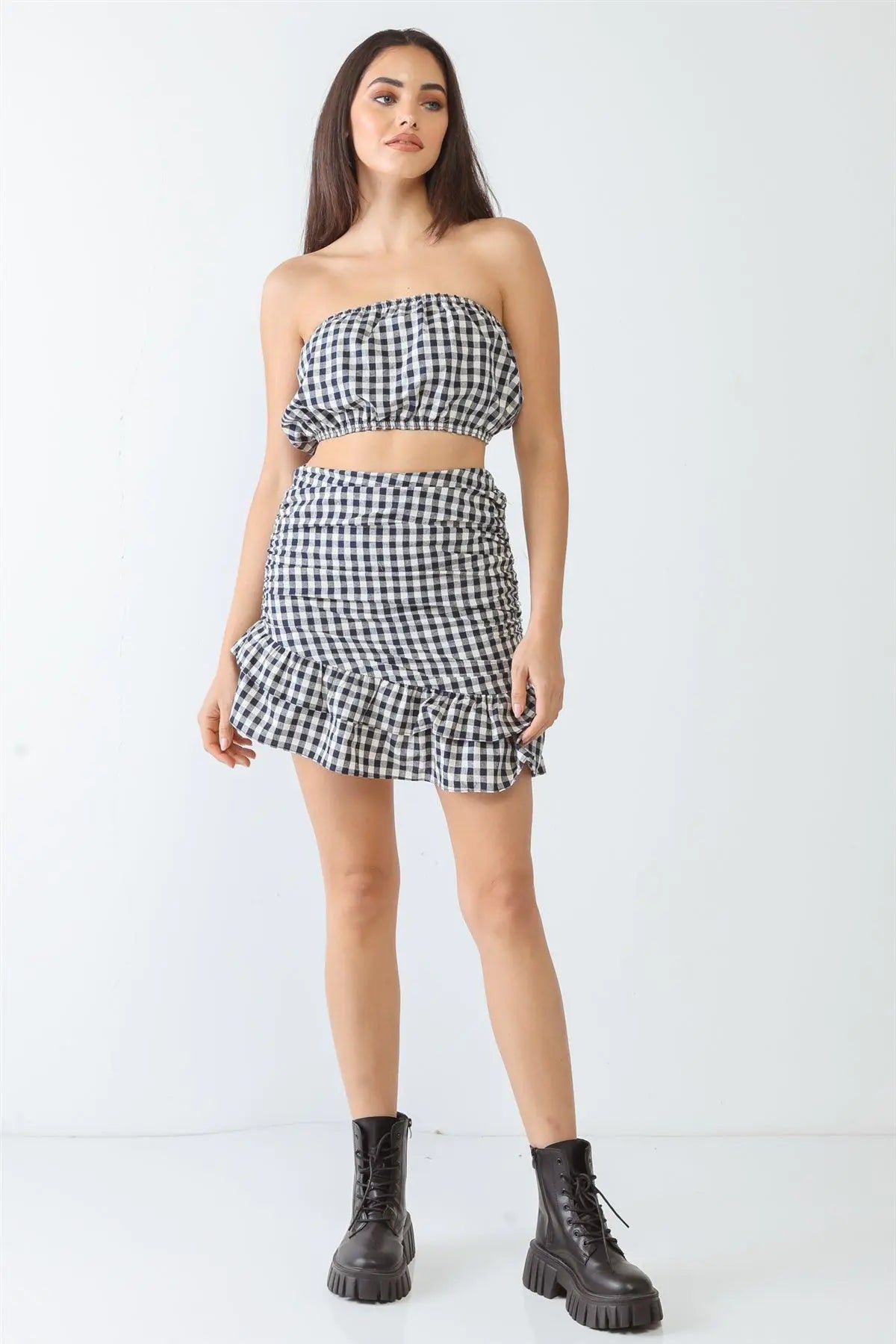 Plaid Strapless Crop Top & High Waist Flare Hem Mini Skirt Set