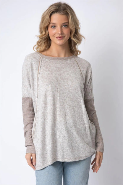 Taupe Long Sleeve Round Neck Two Pocket Side Top