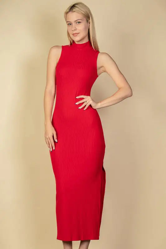 Ribbed Mock Neck Slit Bodycon Dress