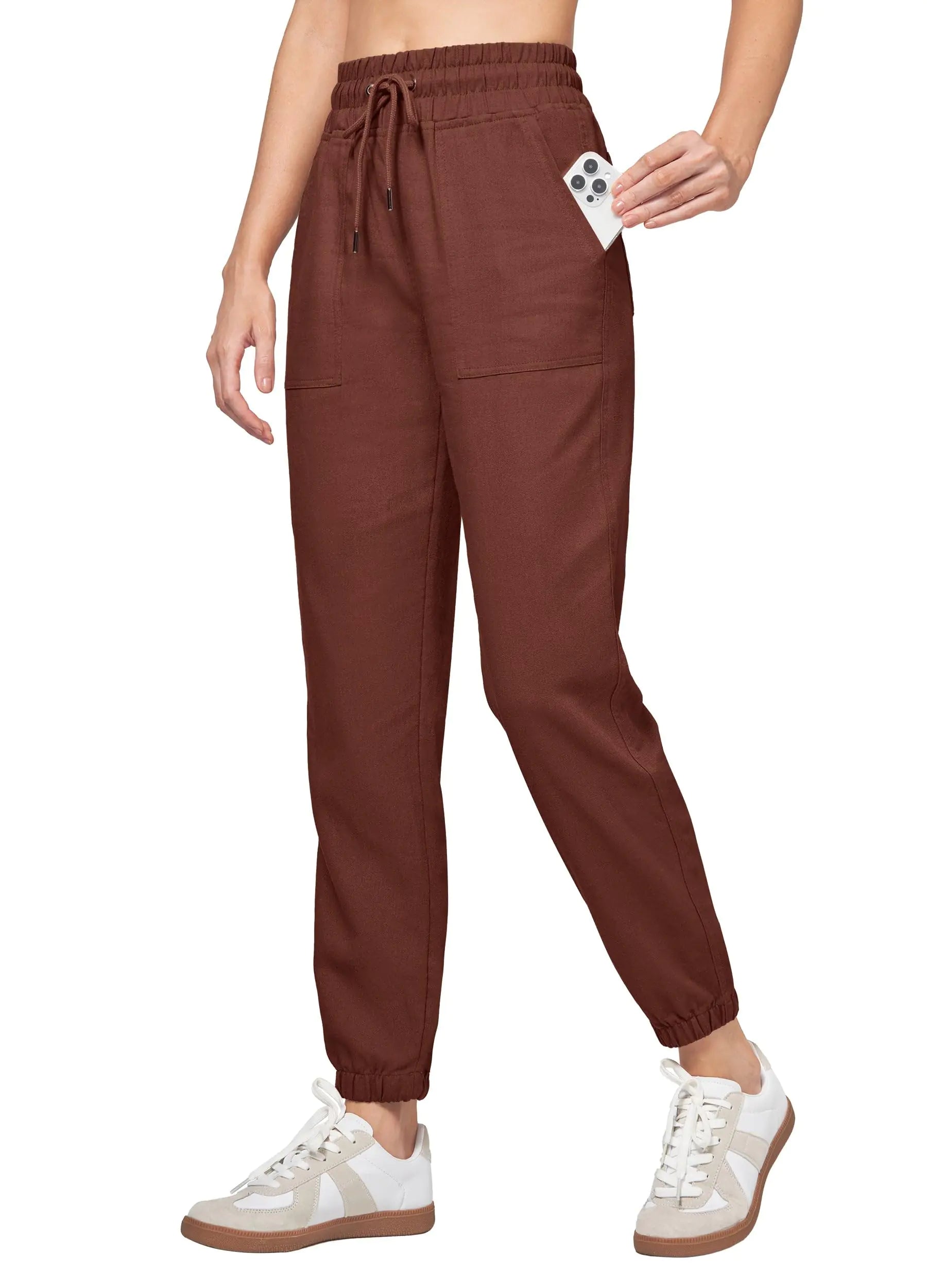 Willit Women Linen Pants Joggers Casual Lightweight Lounge Pants Cotton Linen Travel Beach Summer Pants with Pockets Reddish Brown S 28" Inseam Reddish Brown Small