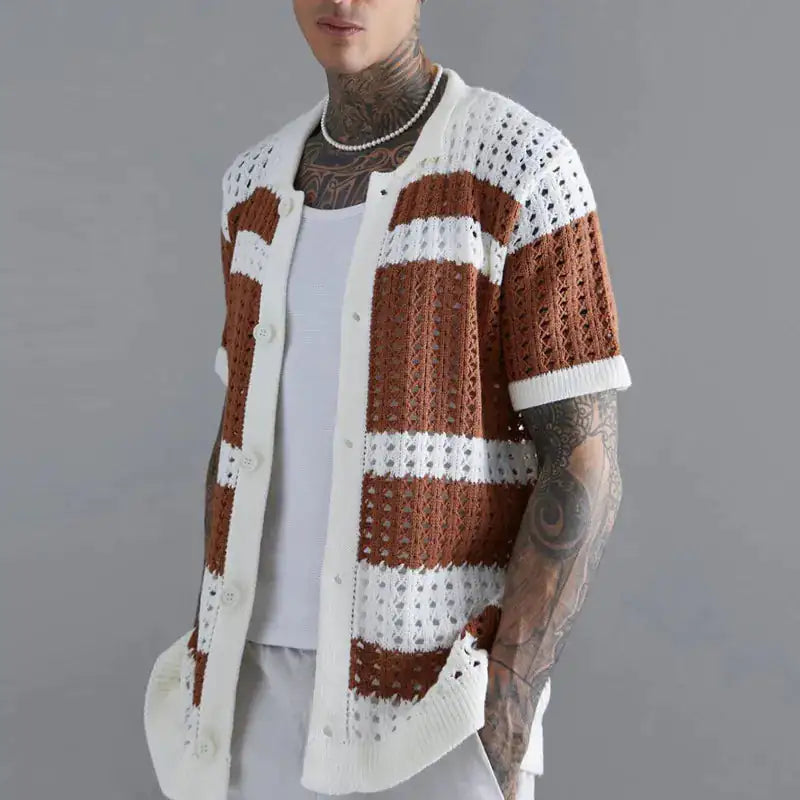 Patchwork Knit Shirt Brown with White Large