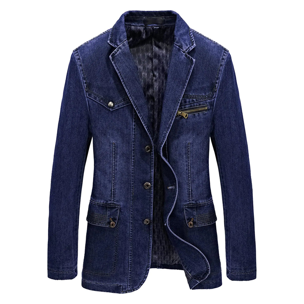 Men Classic 3 Button Denim Jacket Slim Lapel Washed Denim Suit Jackets Casual Blazer Sport Jean Coat (sqBlue3X-Large)