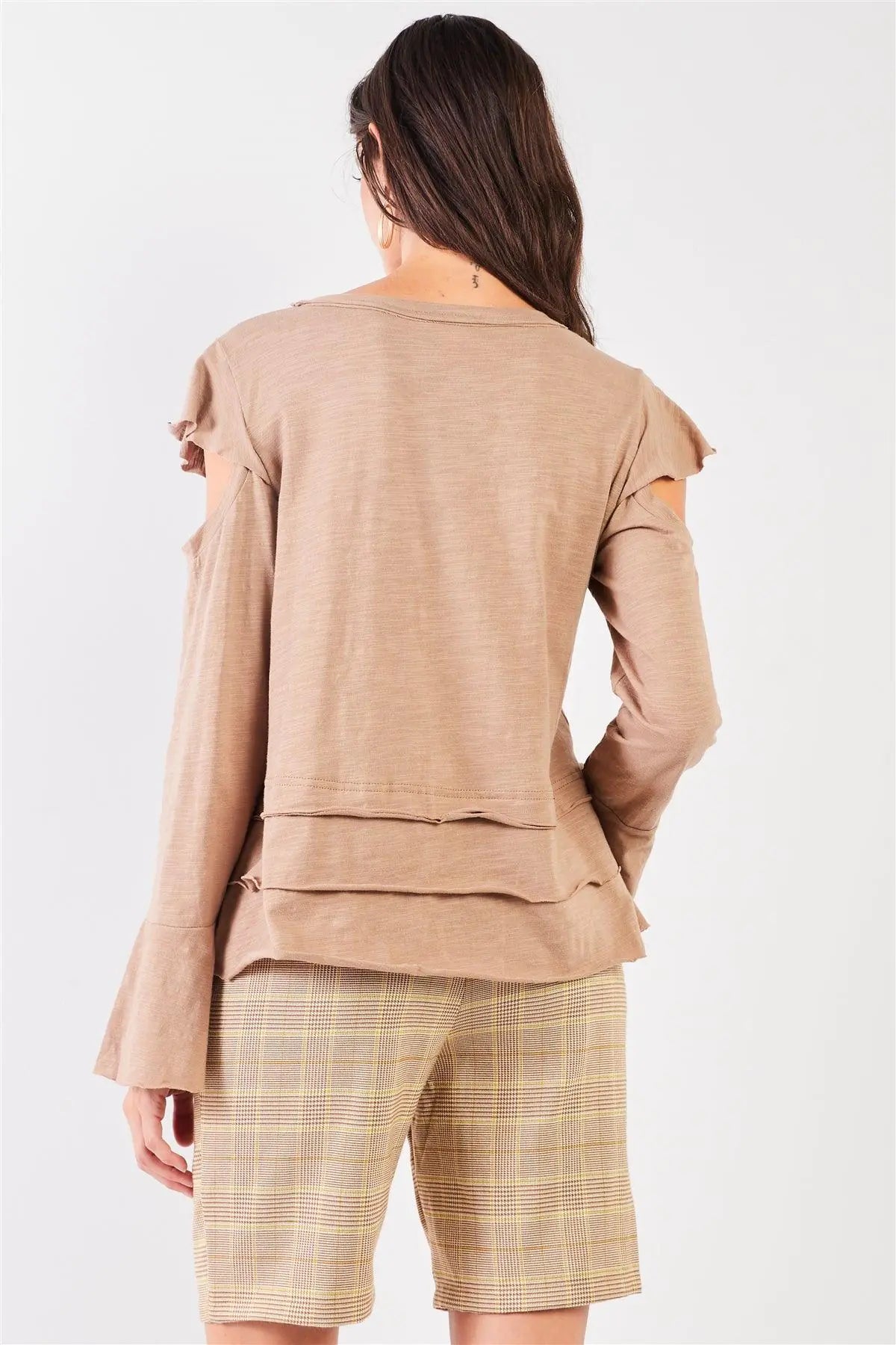 Taupe Cut-Out Shoulder Bell Sleeve Raw Edge Detail Layered Hem Top /2-2-2