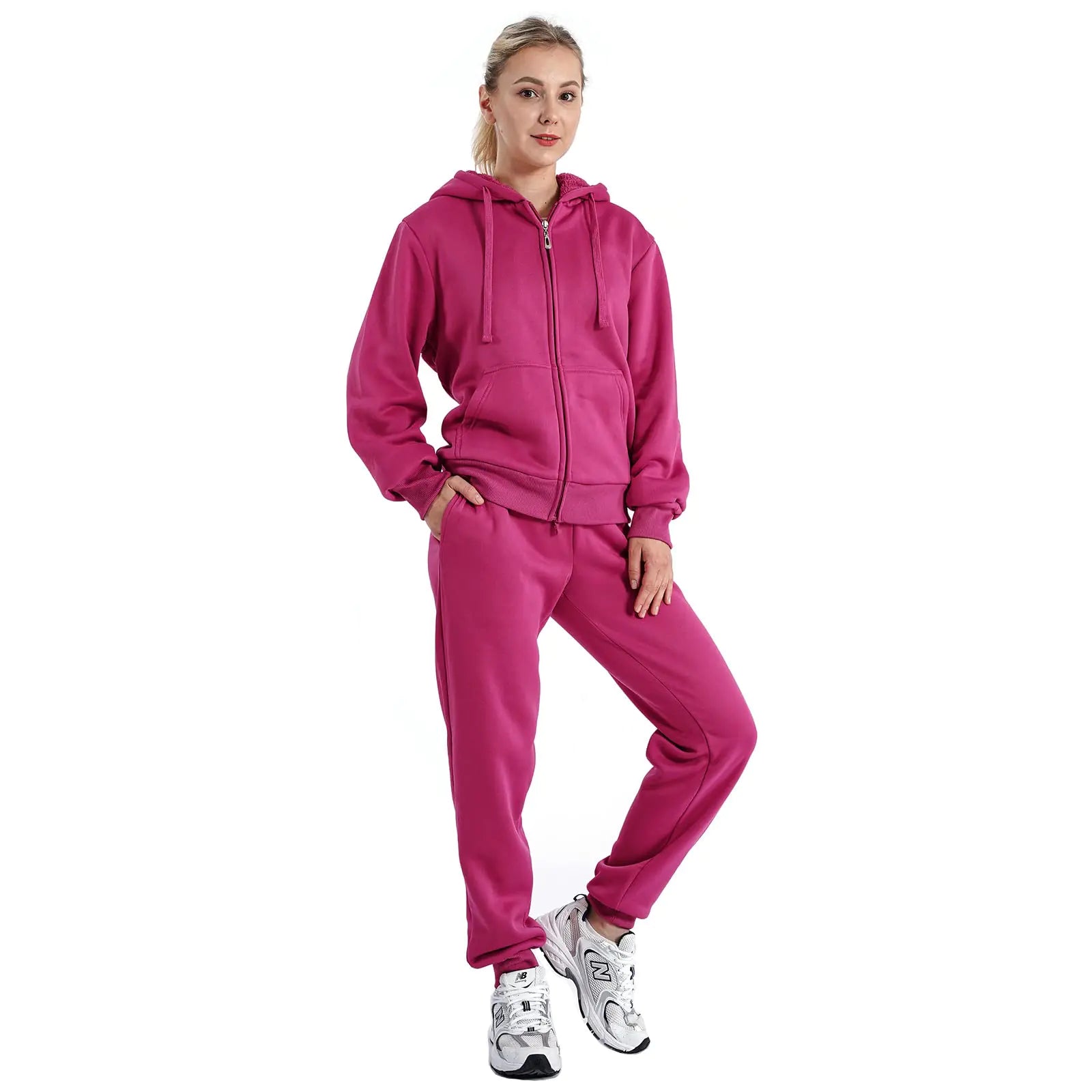 TanBridge Womens 2 Piece Sweatsuit Set Sherpa Lined Fleece Jogger Outfit Hoodie & Sweatpants Set Fuchsia Fuchsia Small