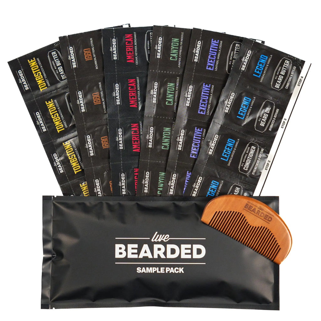 Live Bearded All-Natural Mens Beard Grooming Kit Sample Pack - Discover Your Signature Scent with 6 Different Fragrances Includes Oil Beard Butter Wash Conditioner Wooden Comb & Bonus Gift