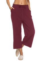 LNX Womens Linen Pants High Waisted Wide Leg Drawstring Casual Loose Trousers with Pockets (Small Wine Red)