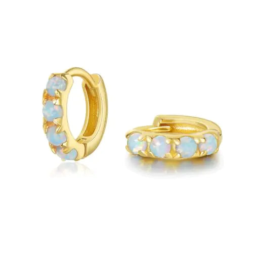 SILBERTALE 925 Sterling Silver Opal Hoop Earrings Light Blue Opal Small Gold Plated Hinged Huggie Earrings 6mm Gold, Light Blue Opal 6mm Inner Diameter