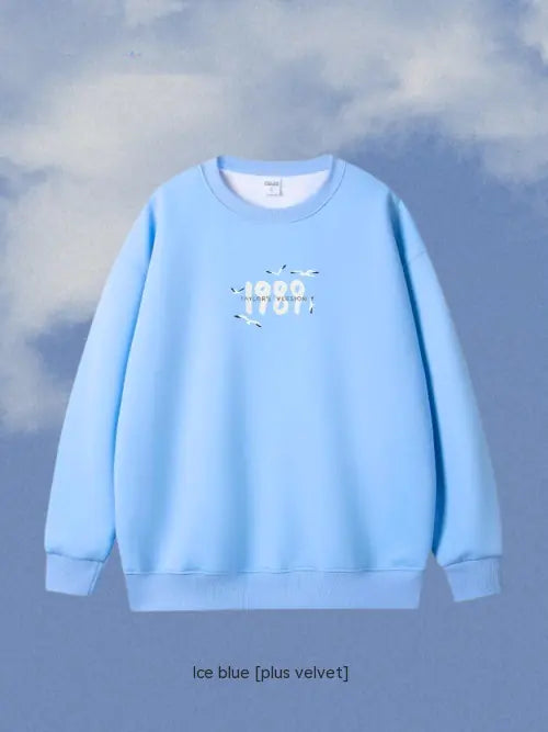 Embroidered Heavyweight Cotton Round Neck Hoodie Blue plush L