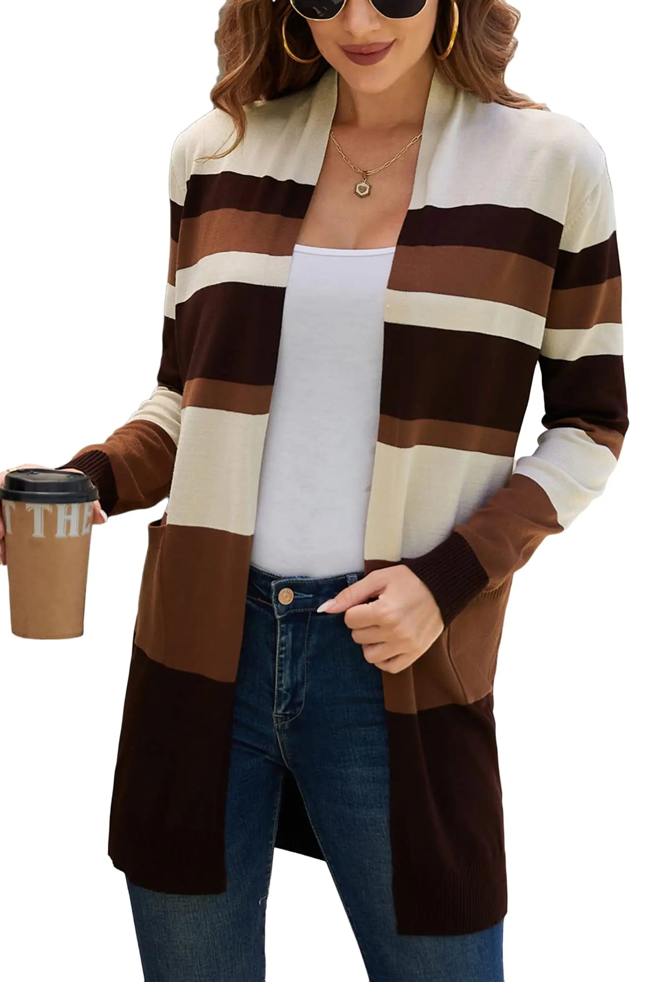 GRACE KARIN Women Striped Cardigan Sweaters Open Front Knit Sweaters Coat with Pockets Colorblock-15 M