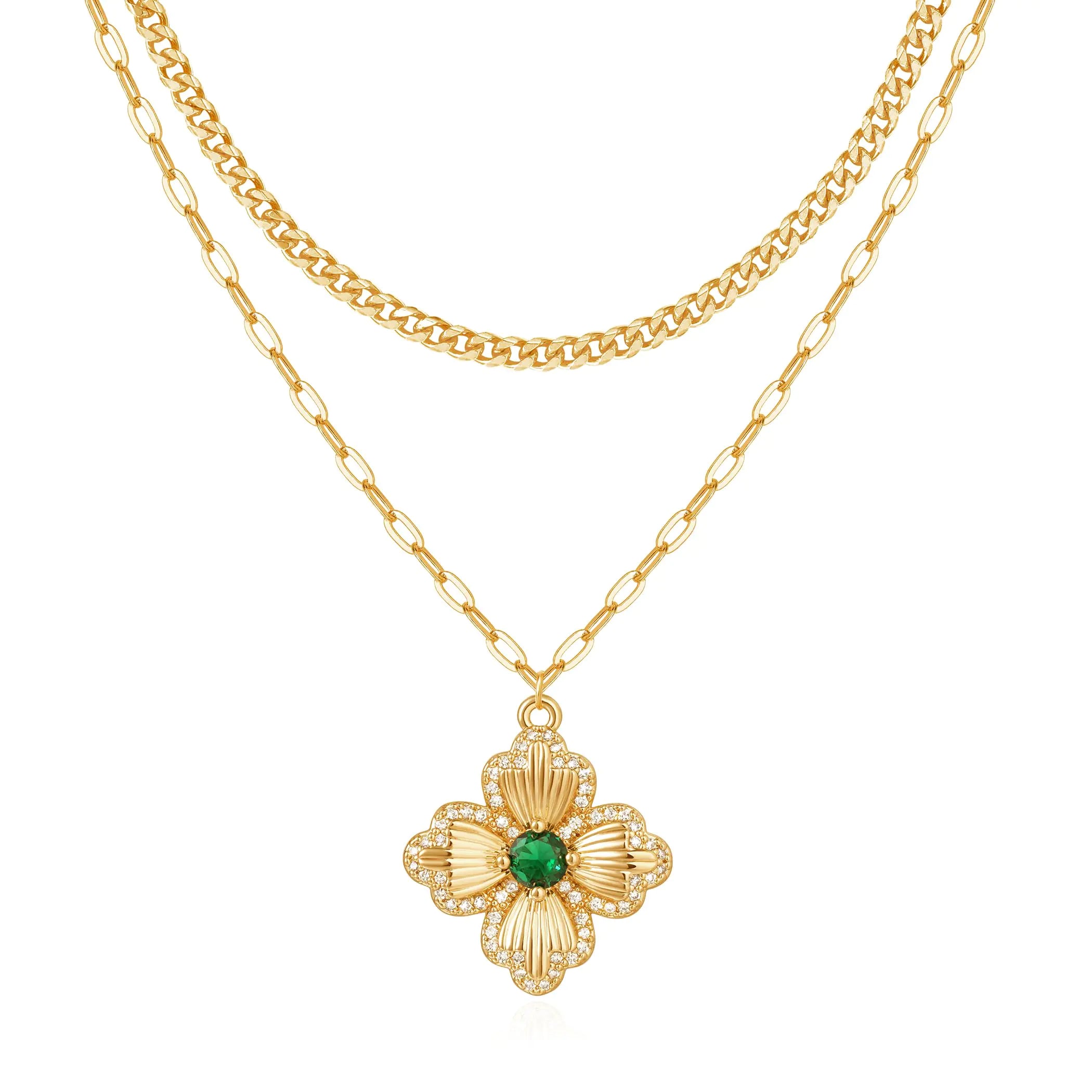 VACRONA Layered Gold Necklaces for Women 14K Gold Plated Stackable Dainty Necklace Cubic Zirconia Clover Floral Pendant Necklace Simple Chain Necklace Set Jewelry Gift for Women