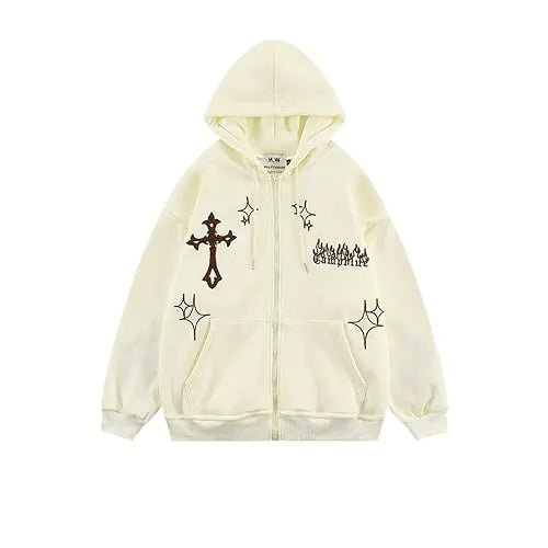 CUTEGAL Aesthetic Hoodie Y2K Hoodie Gothic Hoodie Graphic Hoodie Flame Cross Print Streetwear Oversized Hoodie Unisex 2023AW (WhiteXLX-Large) White X-Large