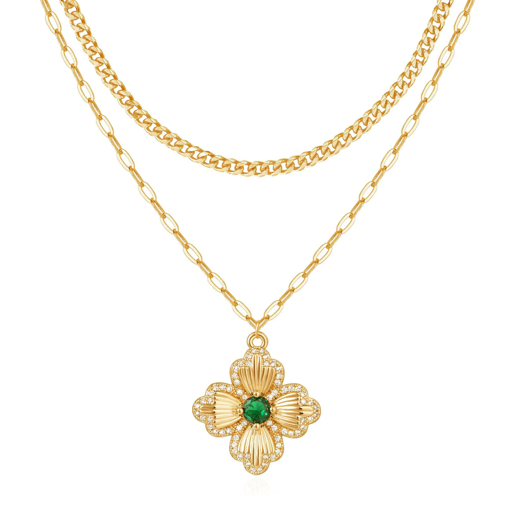 VACRONA Layered Gold Necklaces for Women 14K Gold Plated Stackable Dainty Necklace Cubic Zirconia Clover Floral Pendant Necklace Simple Chain Necklace Set Jewelry Gift for Women Cuban Clover