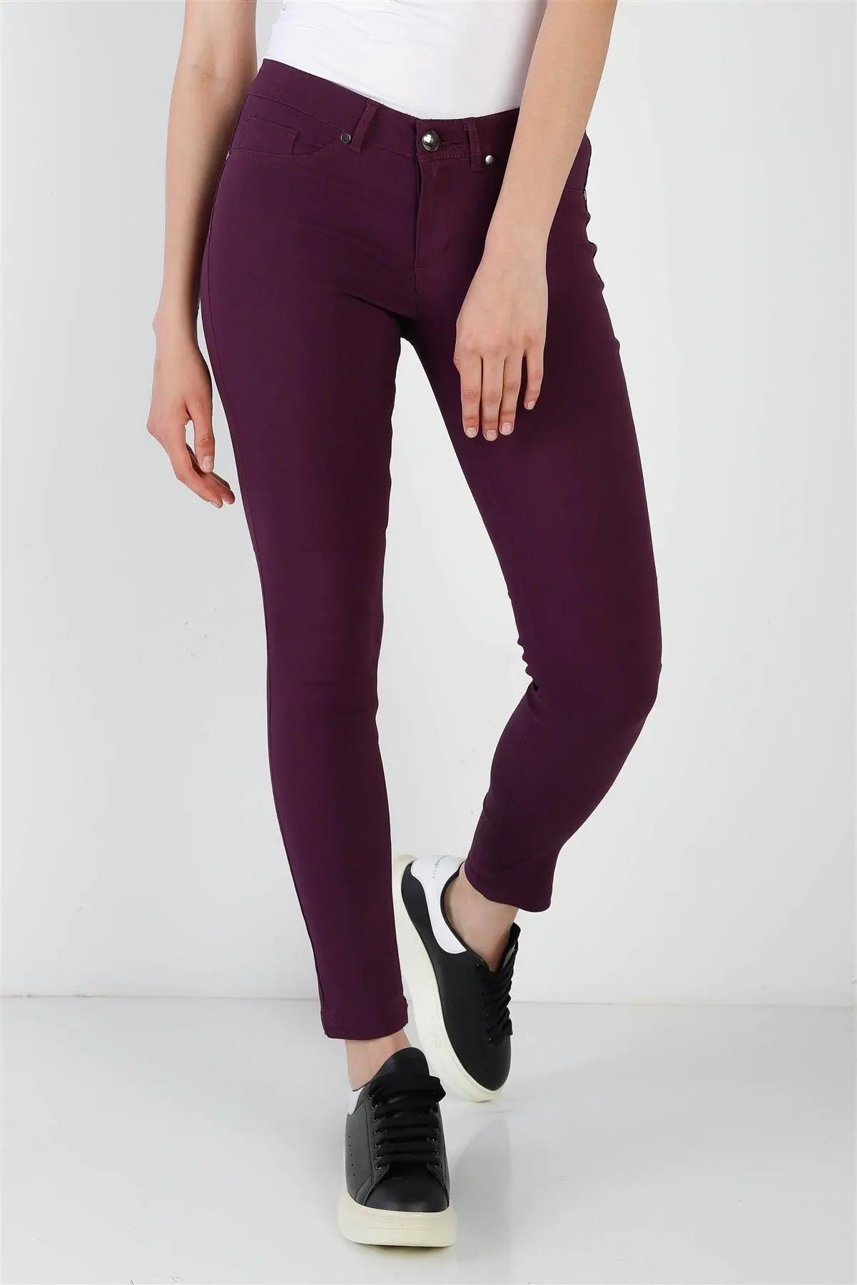 Purple Plum Contrast Button Mid Rise Skinny Pants