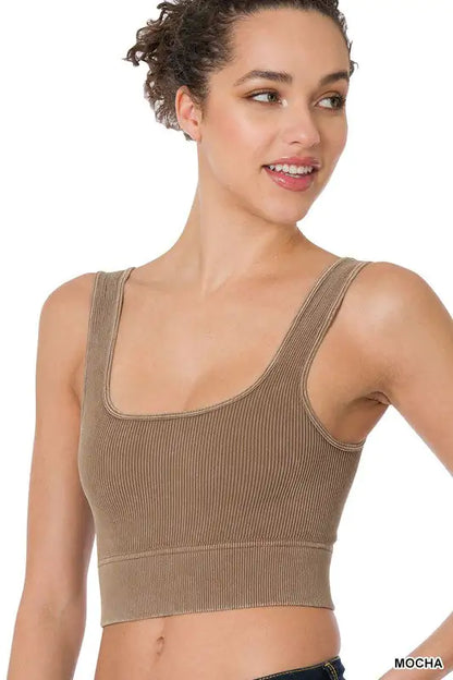 WASHED RIBBED SQUARE NECK CROPPED TANK TOP