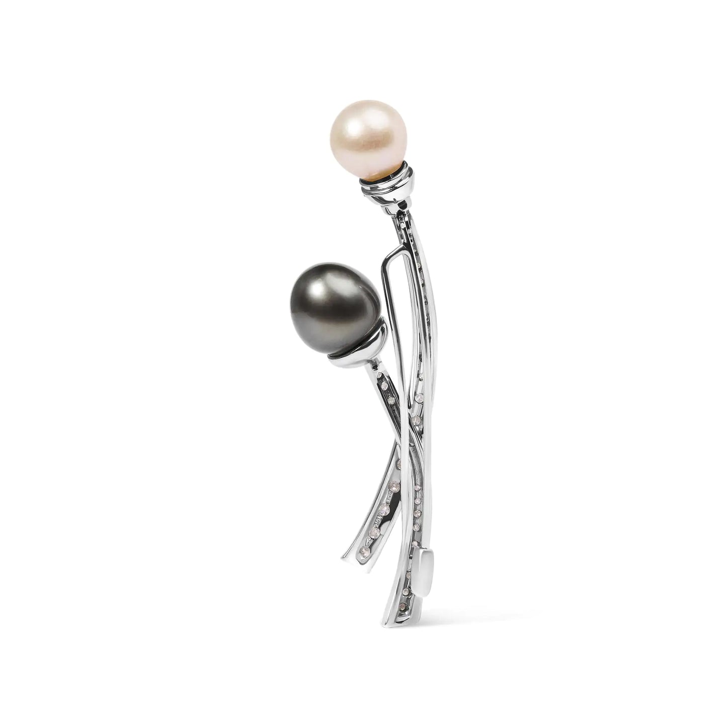 18K White Gold 3/5 Cttw Diamond and Cultured South Sea Black and White Pearl Brooch Pin (H-I Color, VS1-VS2 Clarity)