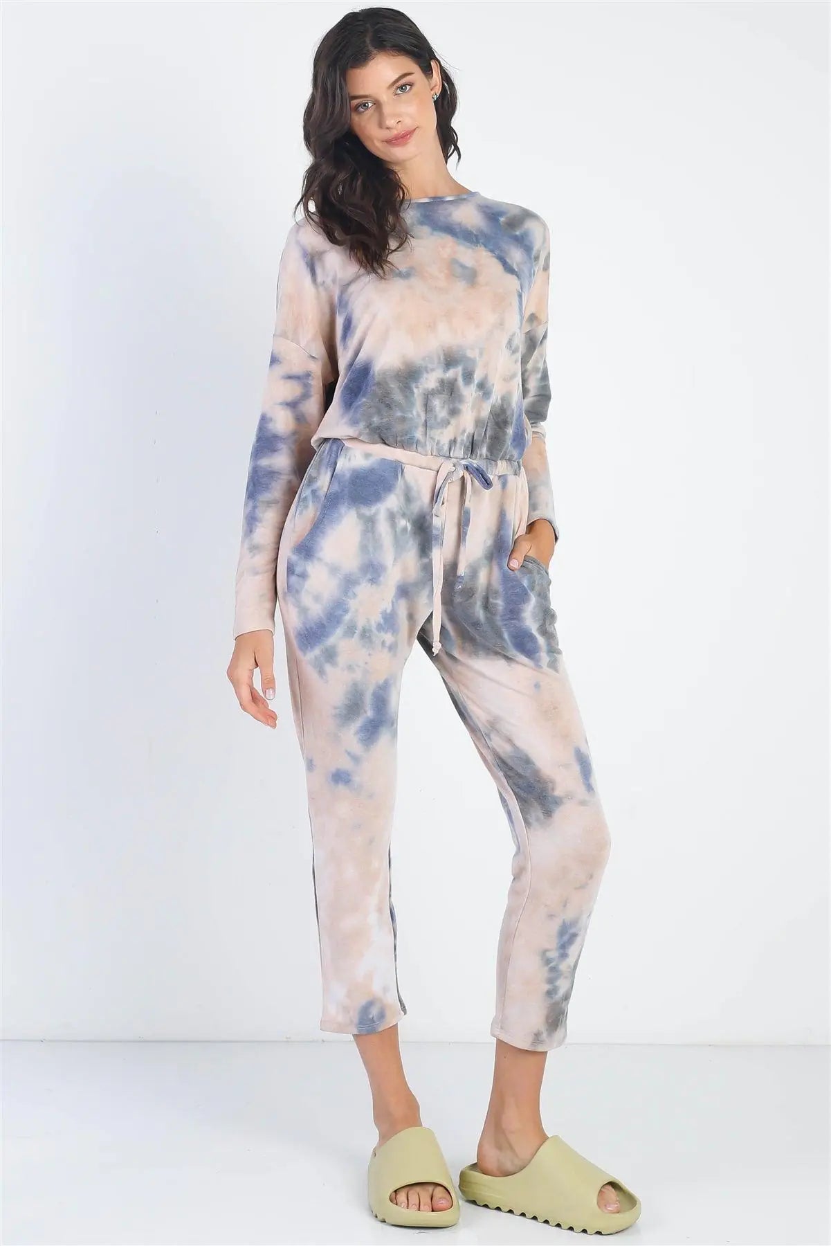 Tie-Dye Button Loop Round Neck Long Sleeve Jumpsuit